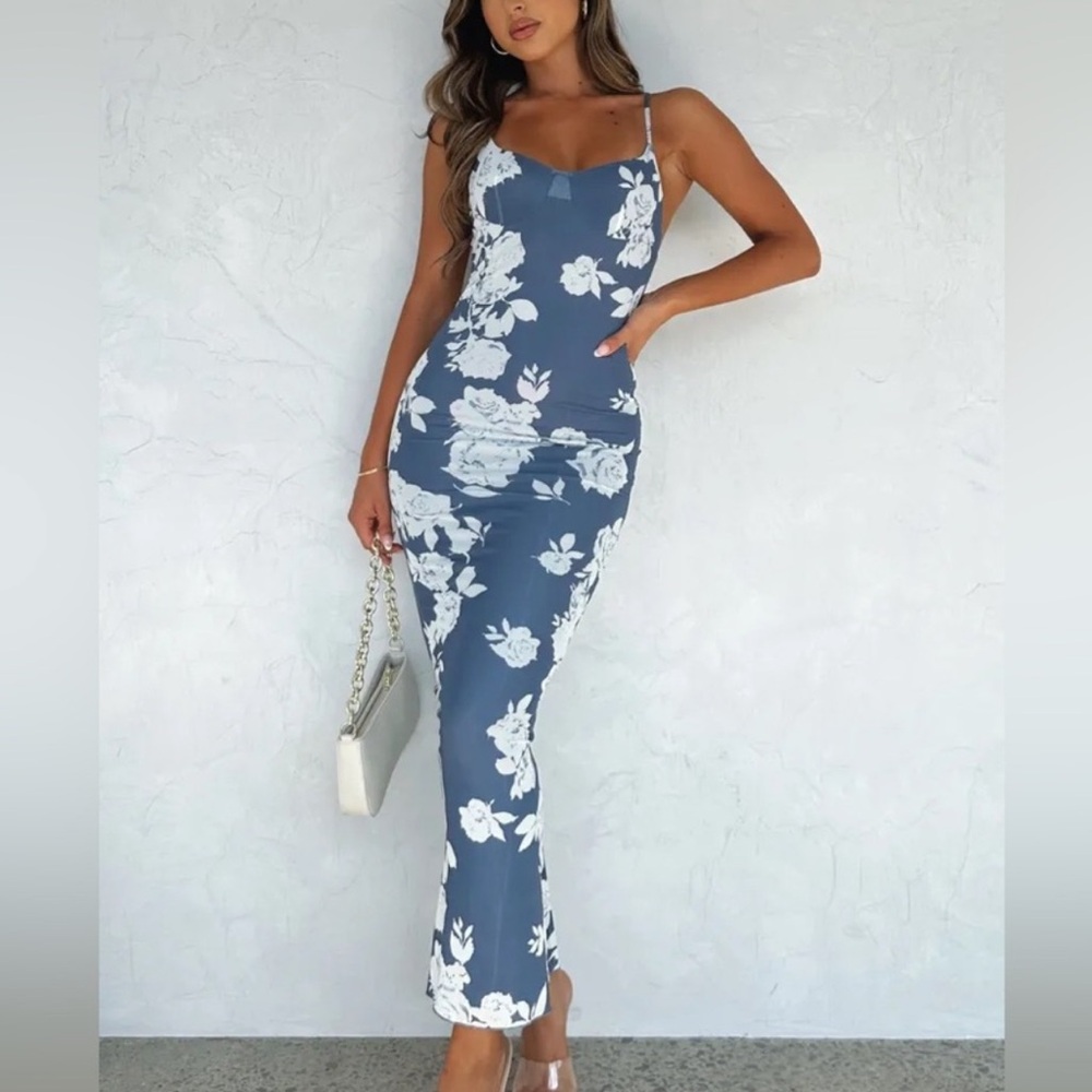 White Fox I Don’t Miss You blue floral maxi dress